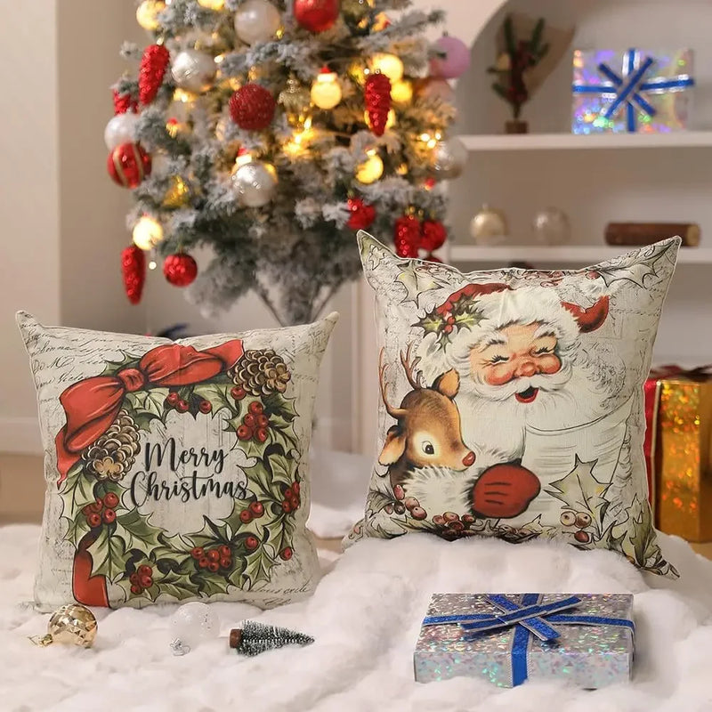 Axyaa Christmas Holiday Pillow Covers 18x18inch Retro Winter Decor for Home