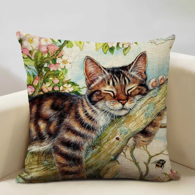 Axyaa Cat and Dog Pattern Cushion Cover 45x45cm Linen Square Pillowcase