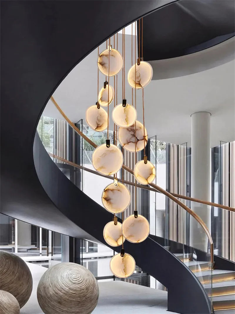 Axyaa Marble Chandelier: Luxury Gold LED Stone Light for Staircase, Lobby & Hallway