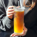Axyaa Stripe Glass Cup with Lid and Straw, Transparent Coffee Mug, 600ML