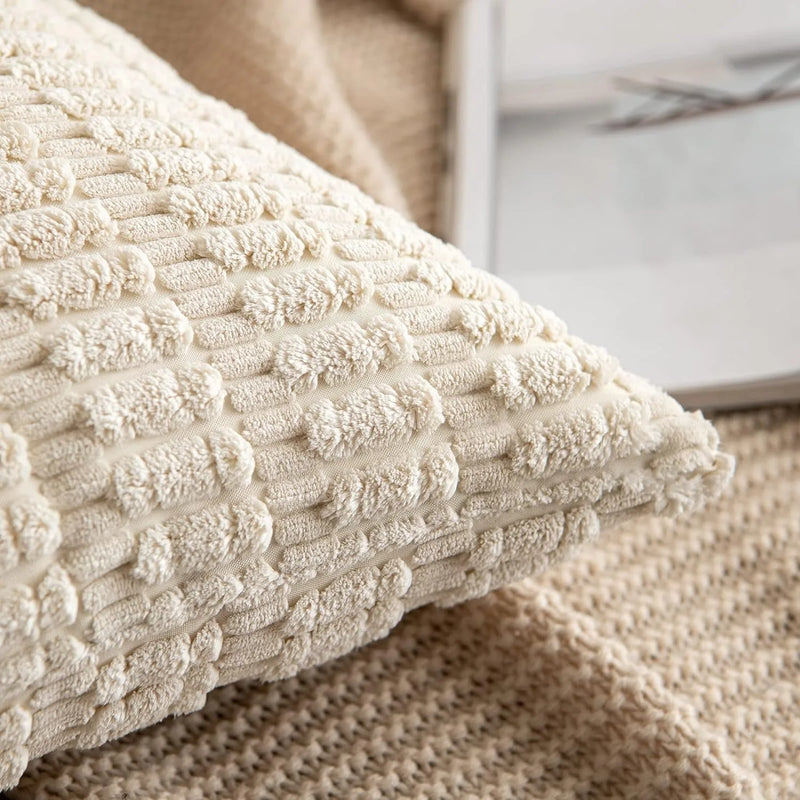 Axyaa Beige & White Corduroy Striped Pillow Cover Set - Modern Home Decor