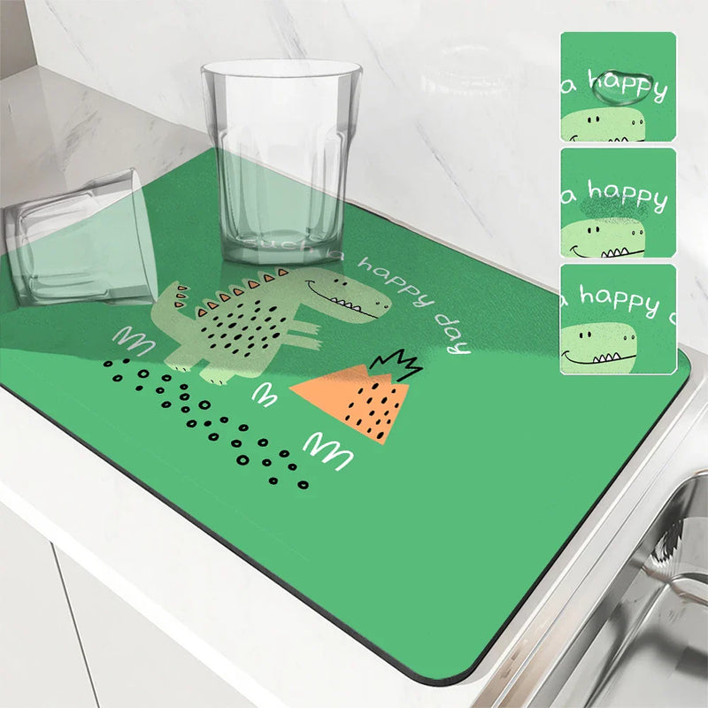 Axyaa Dino Text Kitchen Drying Mat - Quick Draining Pad for Bathroom & Faucet