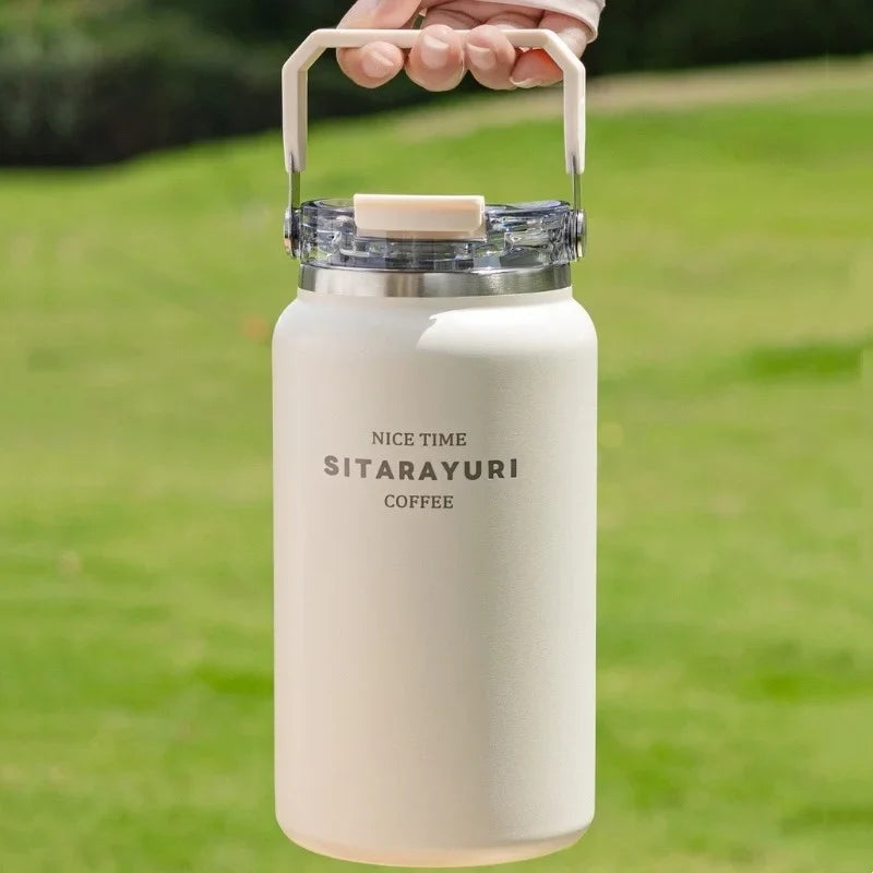 Axyaa Stainless Steel Vacuum Flask Insulated Cup with Handle, Straw, Cold&Hot Thermos Mug.