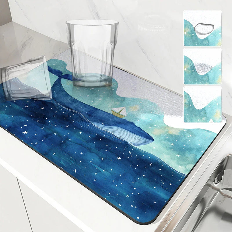 Axyaa Ocean Whales Sailing Stars Absorbent Drying Mat for Kitchen Tables