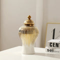 Axyaa Golden Stripes Ceramic Ginger Jar Vase with Lid - Handcrafted Porcelain Storage Tank