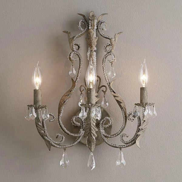 Axyaa French Retro Iron Crystal Wall Lamp with 3 Heads for Rural Living Spaces