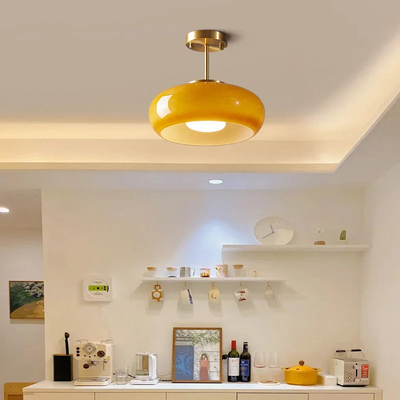 Axyaa Nordic Modern LED Ceiling Lamp with Copper Yellow Glass Lampshade