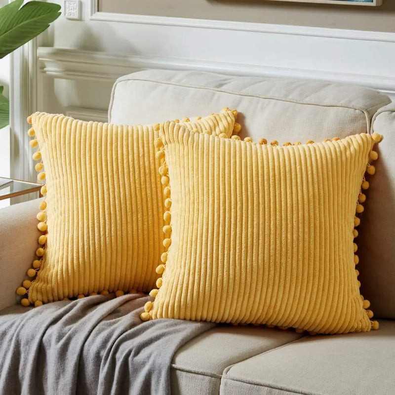 Axyaa Velvet Pillow Covers with Pom-poms - Orange Fall Decor for Sofa