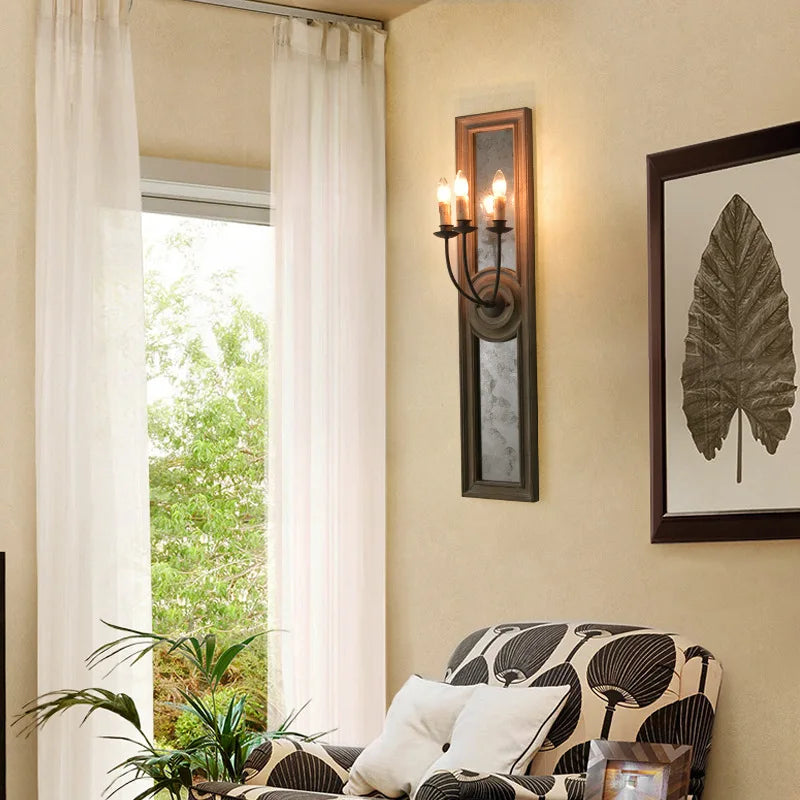 Axyaa Wooden Mirror Frame Wall Lamp: Retro French Style for Home Décor