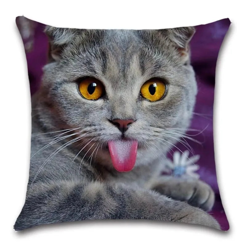 Axyaa Cat Tongue Out Decor Cushion Cover – Polyester Throw Pillow for Home Sofa Seat
