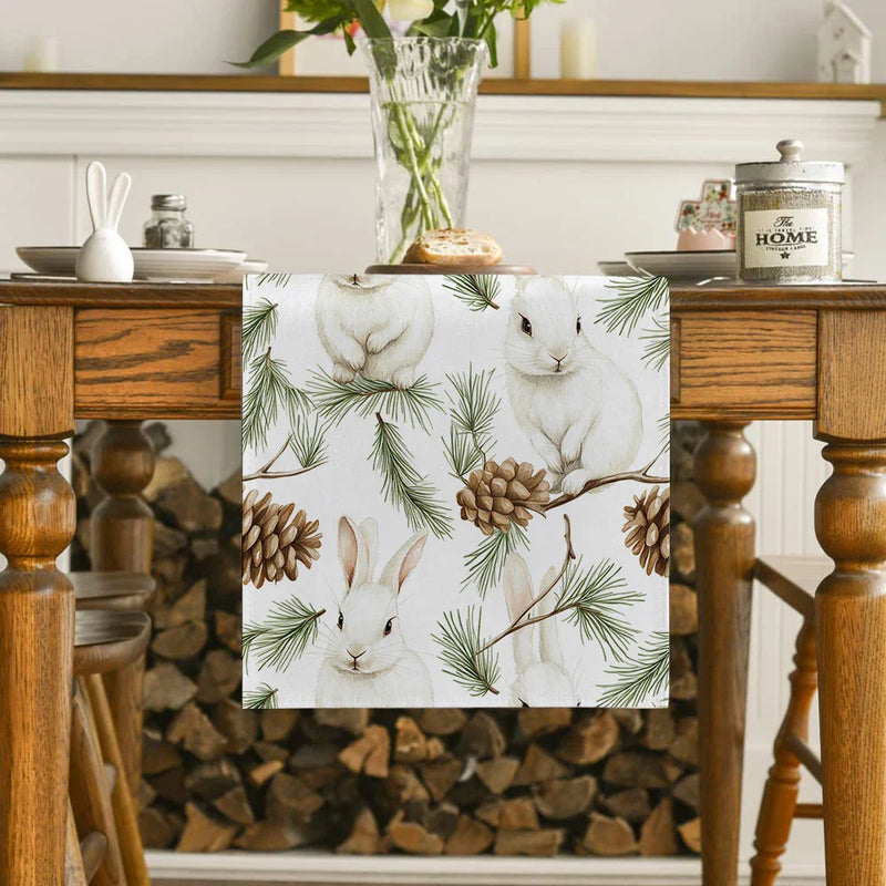 Axyaa Christmas Rabbit Pine Cone Fir Table Runner for Festive Dining Decor