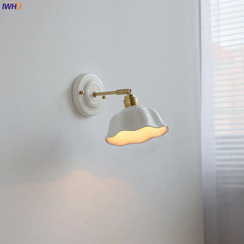 Axyaa White Ceramic LED Wall Sconce with Copper Arm for Modern Living Spaces