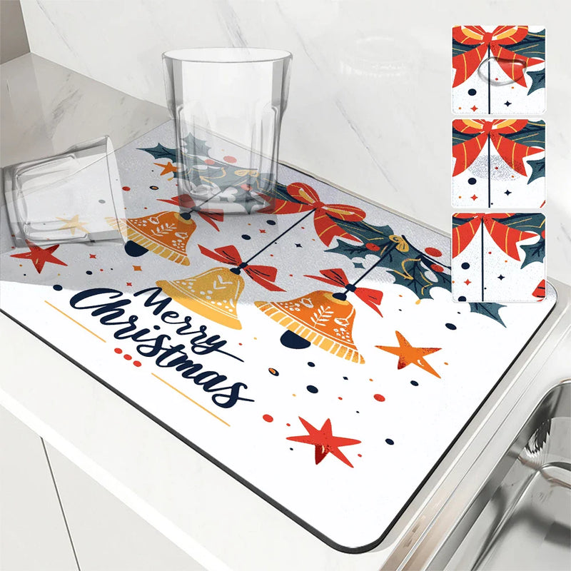 Christmas Bells Drying Mat: Absorbent Dish & Cup Placemat by Axyaa