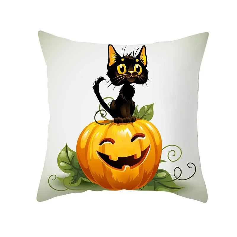 Axyaa Black Cat Pumpkin Cushion Cover 45x45 cm - Home Decor Funny Printed Pillow Case