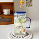 Axyaa Animal Glass Cups with Lid and Straw | Cute Kawaii Coffee Mugs for Drinks
