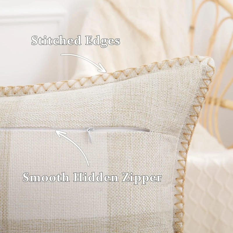 Axyaa Plush Check Throw Pillow Covers Set of 2 Cream White