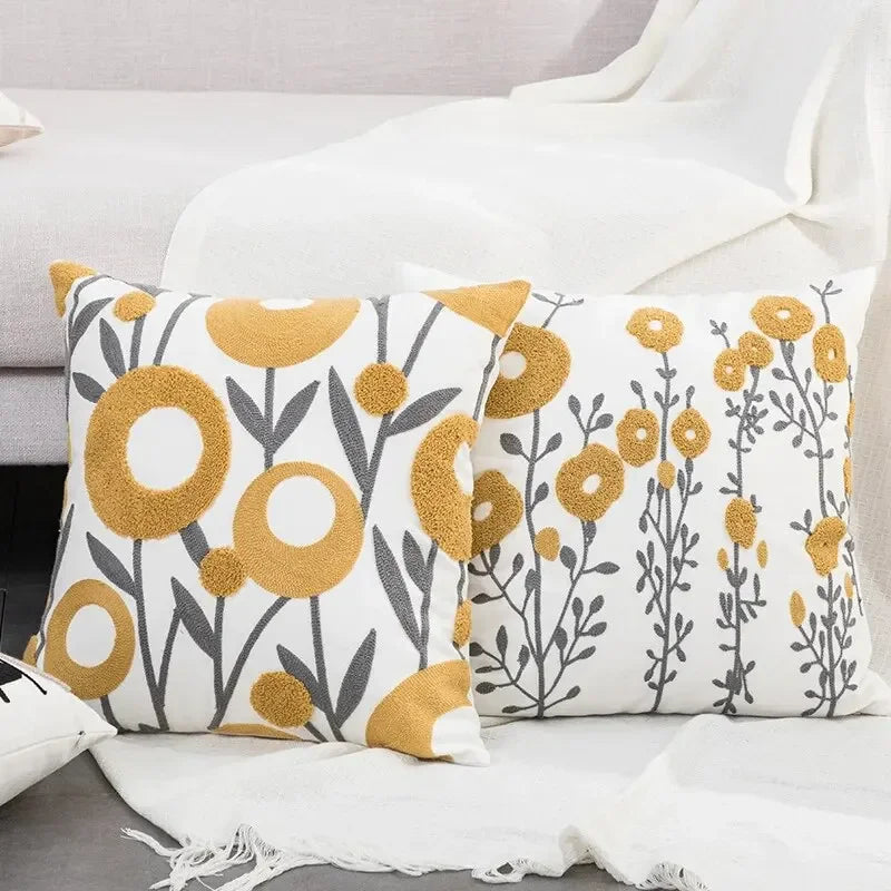 Boho Floral Tufted Cotton Throw Pillow Cover for Couch and Bed by Axyaa