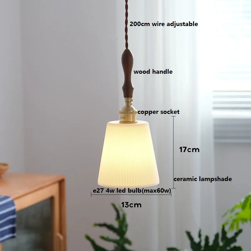 Axyaa White Ceramic LED Pendant Light with Wood Handle - Bedroom Living Room Lamp