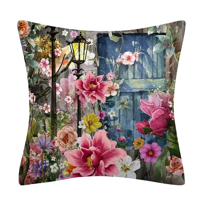 Retro Floral Linen Pillow Cover Abstract Art Decor for Living Room Sofa by Axyaa