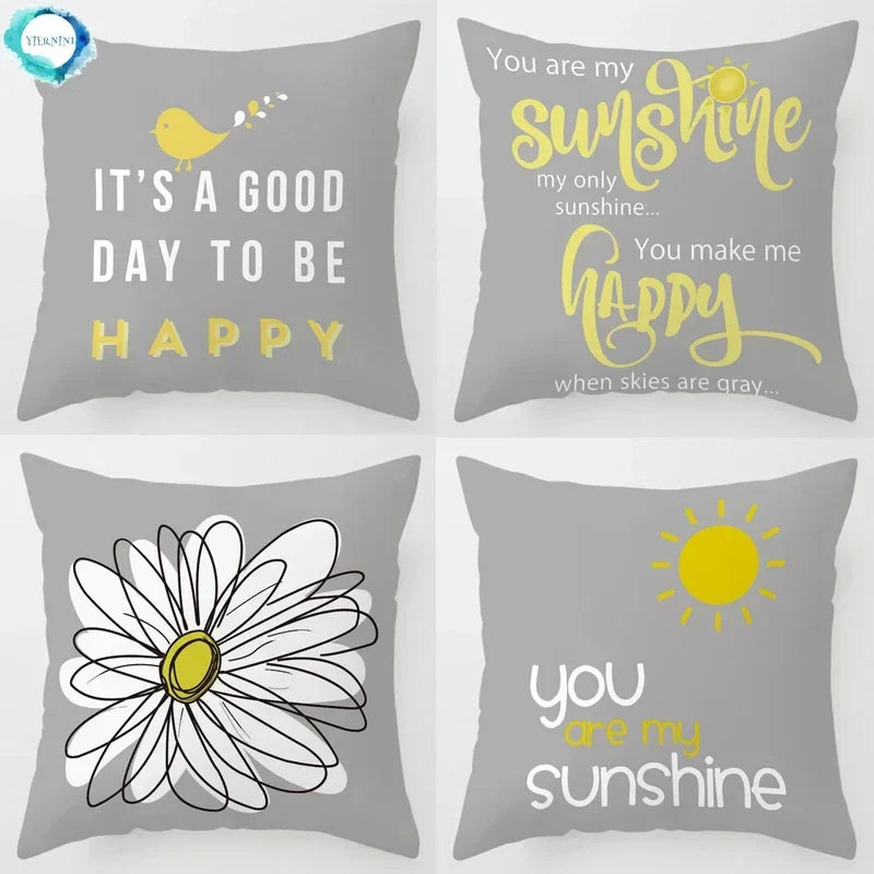 Axyaa You are My Sunshine Yellow Gray Chevron Words Decorative Pillow Covers