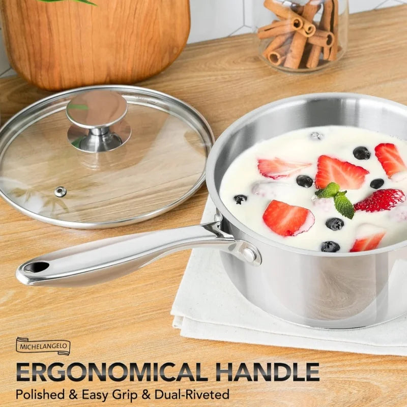 Axyaa 3Pc Stainless Steel Stew Pot Set with Lid & Steel Handle, Induction Compatible