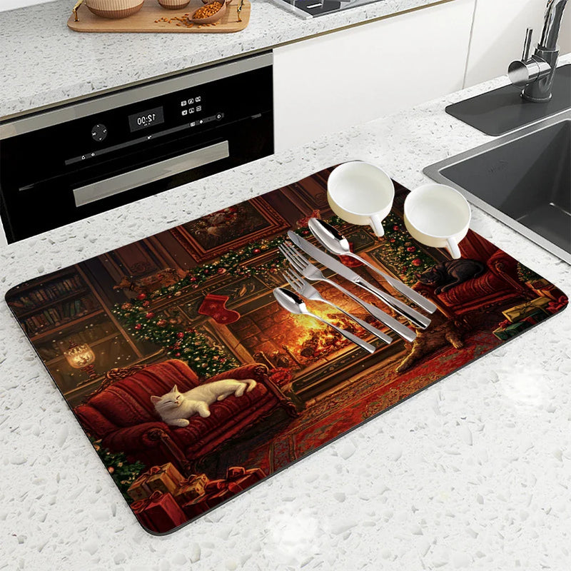 Axyaa Christmas Cat Fireplace Bow Drying Mat