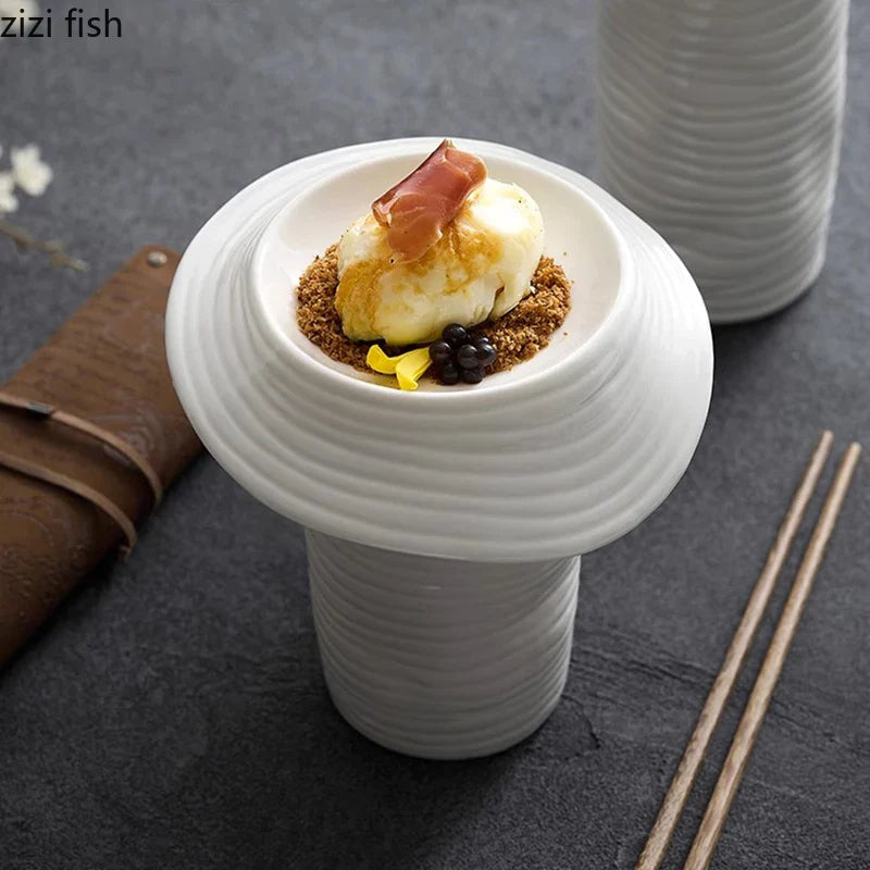 Axya High Feet Ceramic Dinner Plate - Irregular Thread Design - Restaurant Tableware
