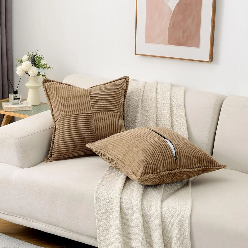 Axyaa Soft Corduroy Striped Border Throw Pillow Covers 18x18 Inch
