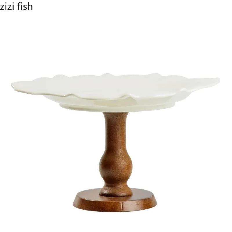 Axya Ceramic Fruit Plate Creative Wood High Foot Snack Display Plate