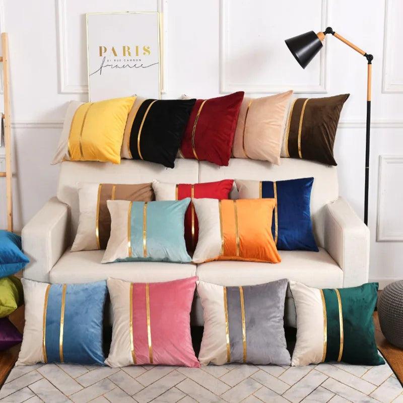 Axyaa Velvet Gold Splice Cushion Cover 45x45cm - Nordic Light Luxury Home Decor Patchwork Pillowcase