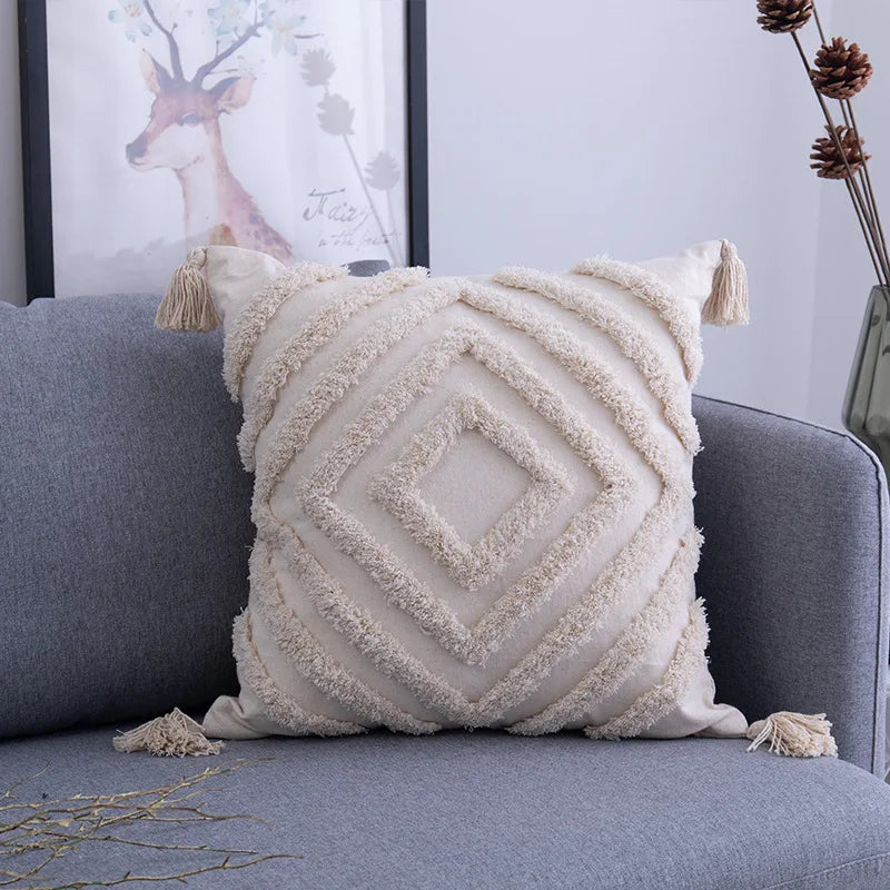 Axyaa Beige Boho Tufted Geometric Cushion Cover for Chic Home Decor