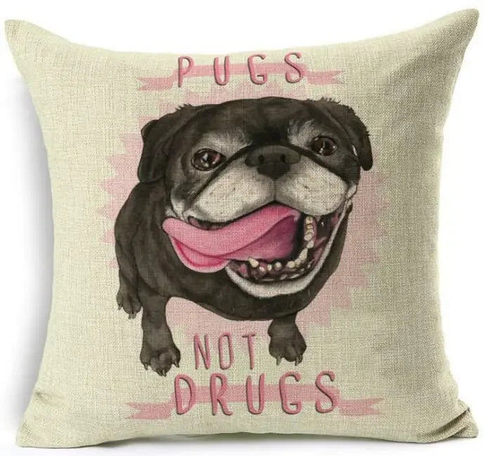 Square Linen Pug French Bulldog Pillow Cover by Axyaa