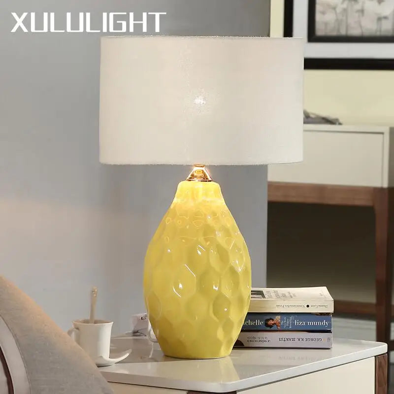 Axyaa White Ceramic Table Lamp with Remote Control and Fabric Shade
