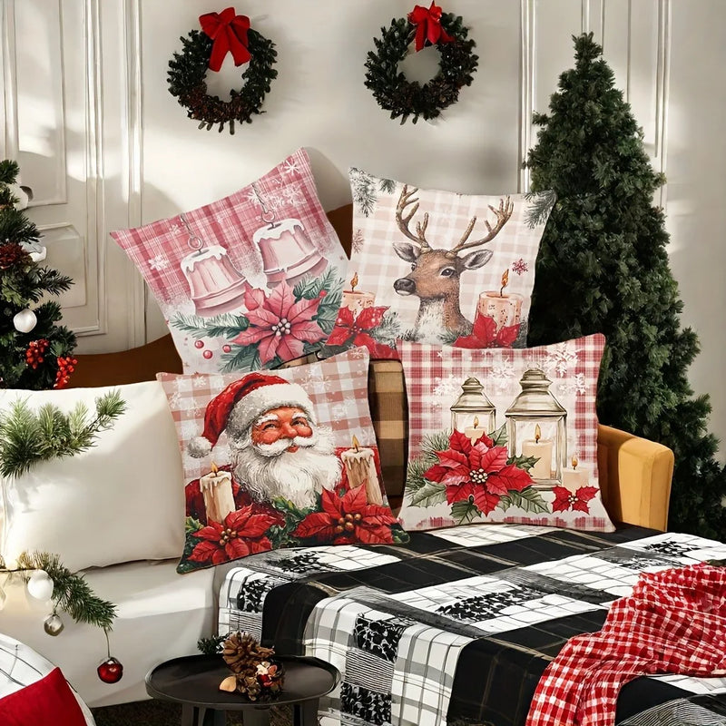 Axyaa Christmas Decor Pillowcase: Santa, Deer, Candle Print Sofa Cushion Cover