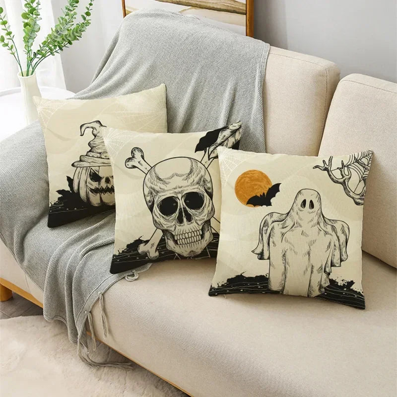 Axyaa Skull Pumpkin Printed Linen Throw Pillowcase for Living Room Party