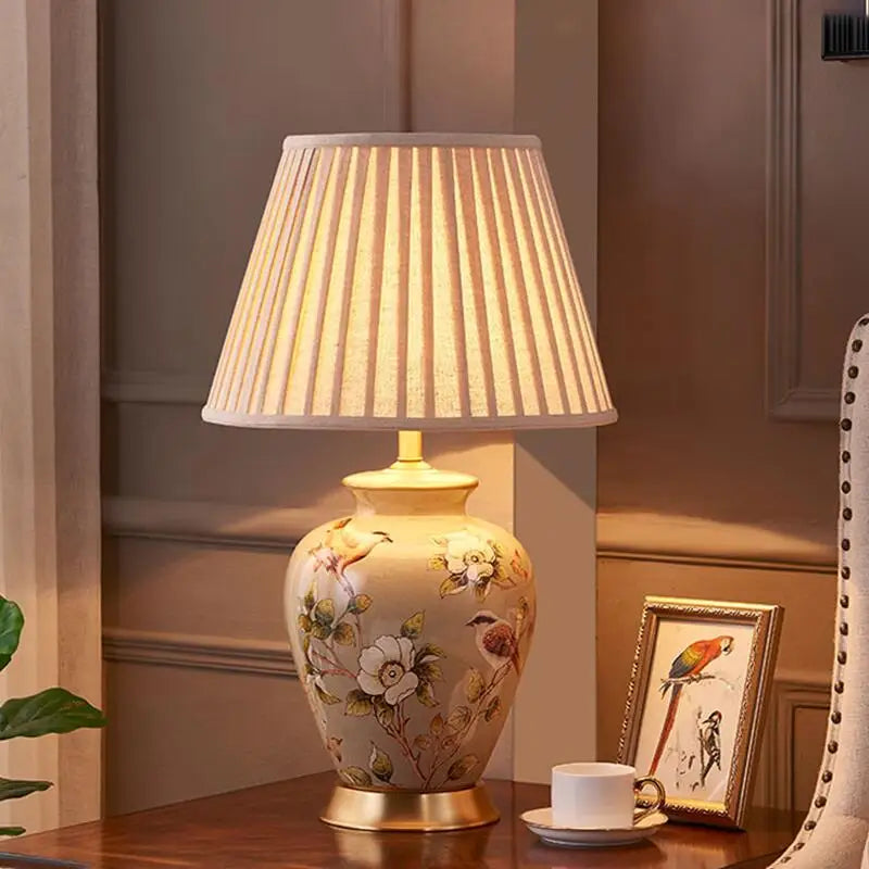 Axyaa Retro Ceramic Table Lamp with Remote Control for Bedroom and Living Room