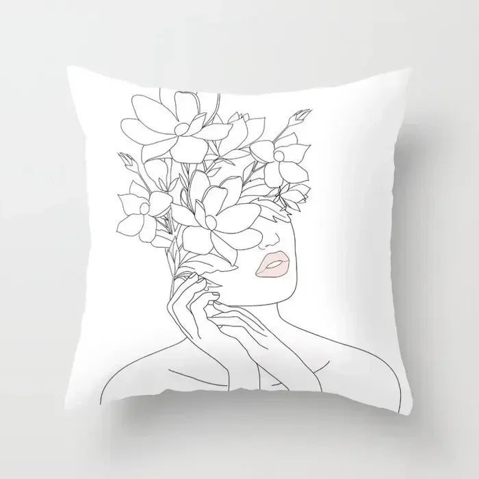 Minimalist White Pillow Cover - Axyaa Portrait Sketch Nordic Cushion