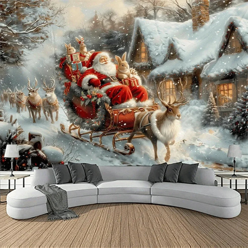 Axyaa Christmas Santa Claus Reindeer Print Tapestry Party Decoration Background Cloth