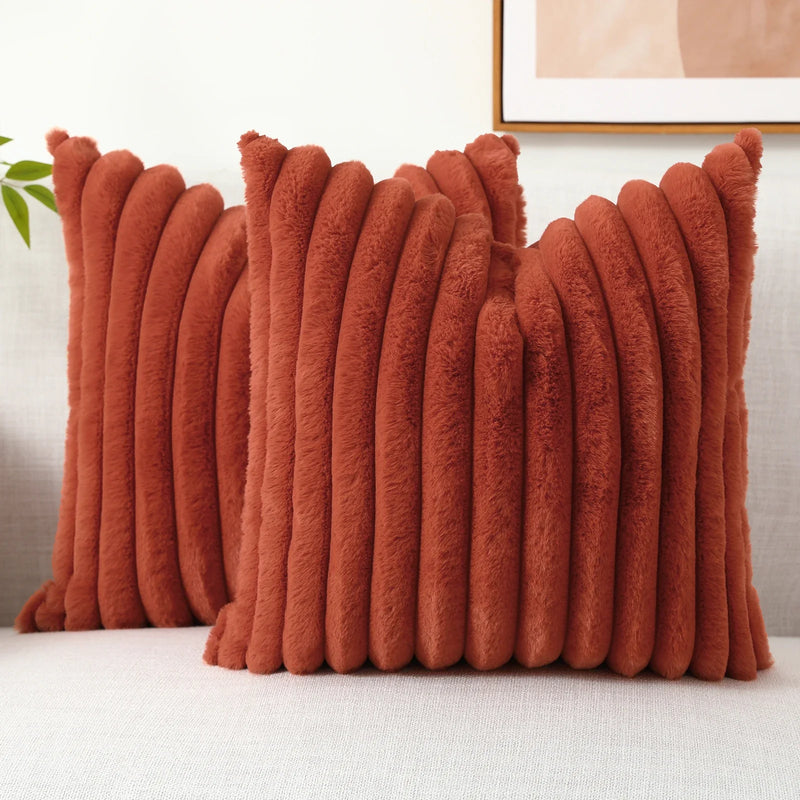 Axyaa 16x16 Faux Fur Striped Pillow Covers 2pcs - Soft Plush Velvet Back