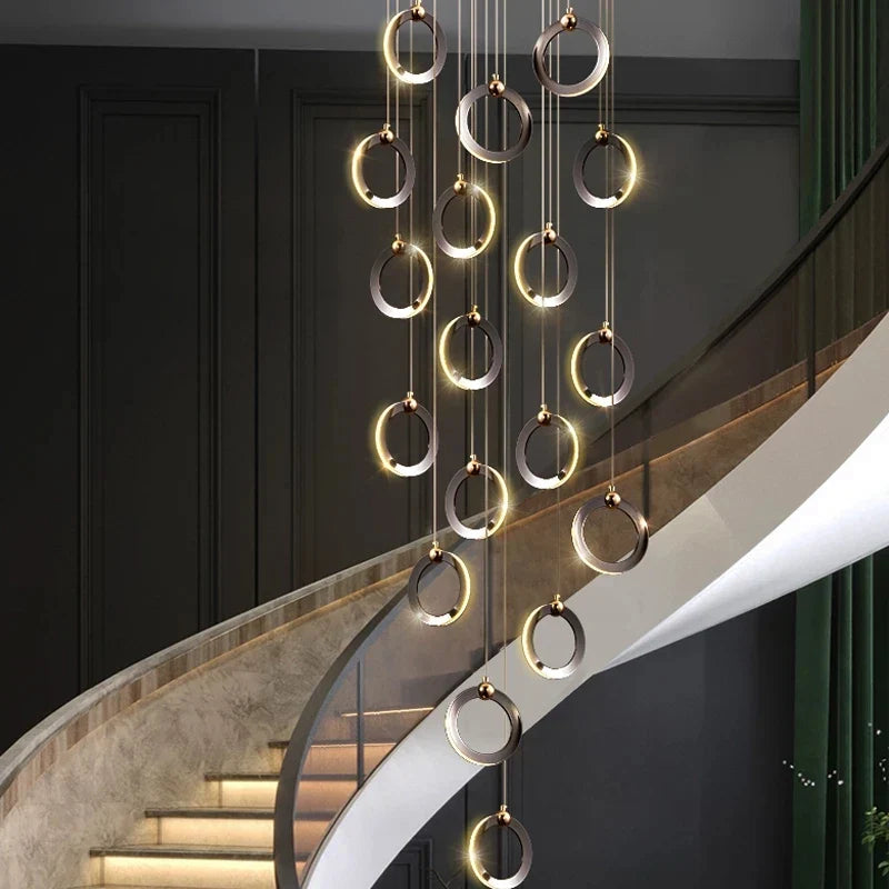 Axyaa Crystal LED Chandelier for Staircase - Minimalist Aluminum Rings, Luxury Round Hanging Lamps