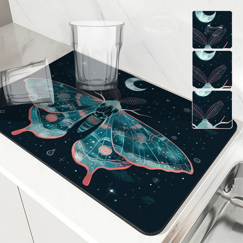 Axyaa Moon Moths Drain Pad: Non-slip Dish Drying Mat for Kitchen Counter