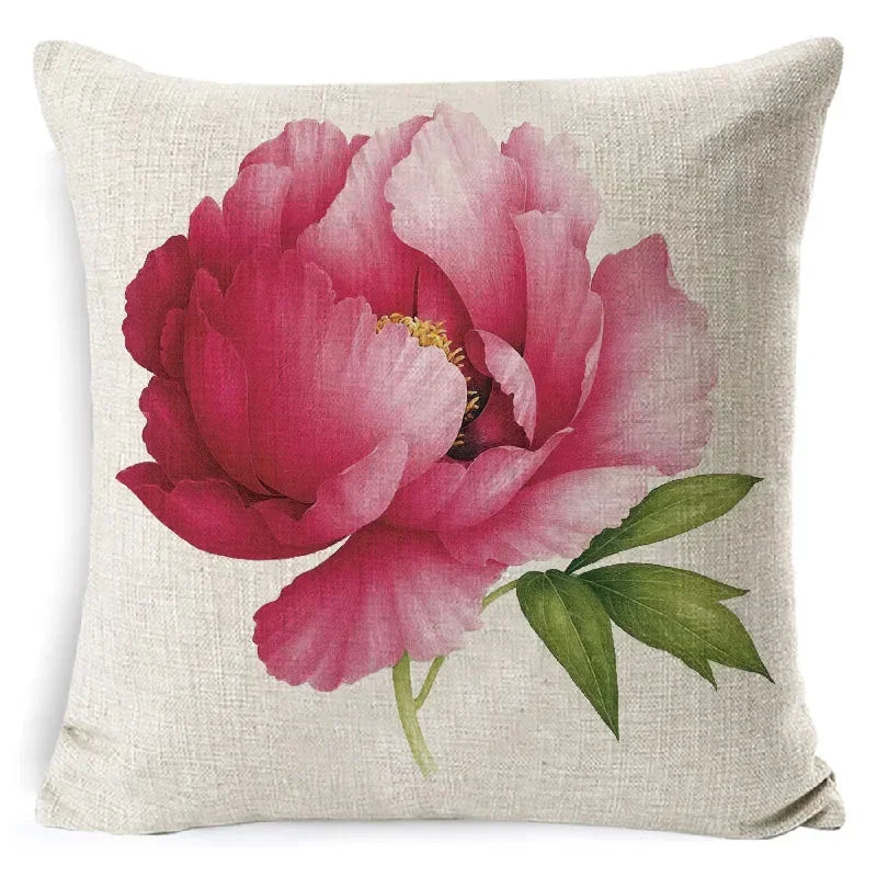 Axyaa Rose Print Cushion Cover 45*45cm Linen Decorative Pillowcase for Living Room