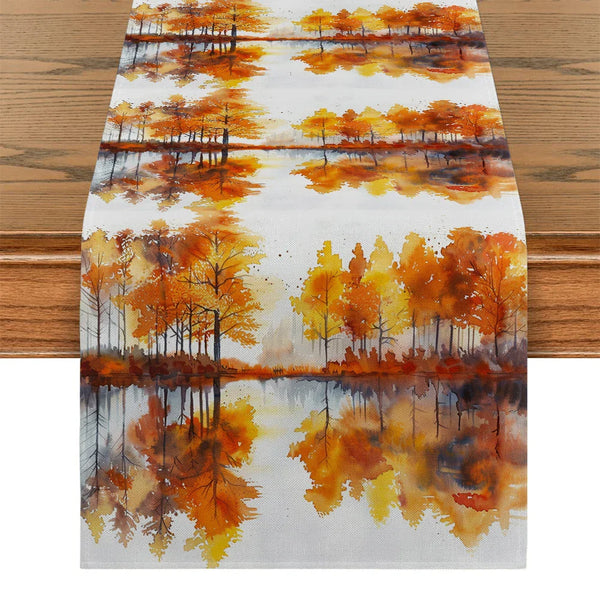 Axyaa Autumn Tree Lake Table Runner for Kitchen Dining Decor