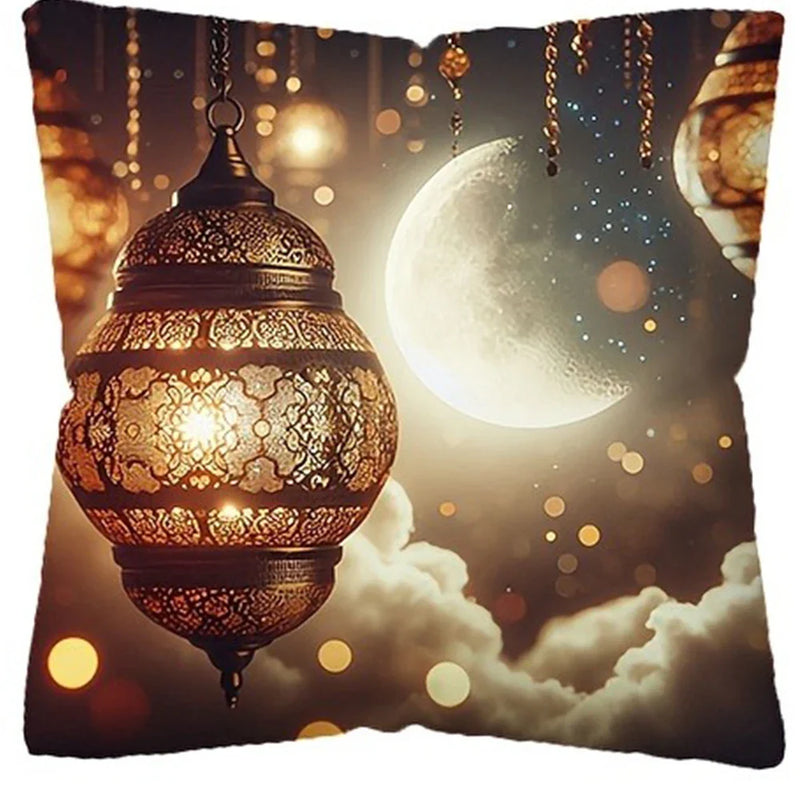Axyaa Ramadan Pillow Cover: Fasting Lamp & Crescent Moon Design