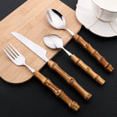 Axyaa 24Pcs Bamboo Handle Stainless Steel Cutlery Set Creative Dinnerware
