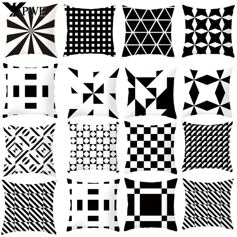 Axyaa Black & White Plaid Wave Stripe Checkerboard Print Throw Pillow Case