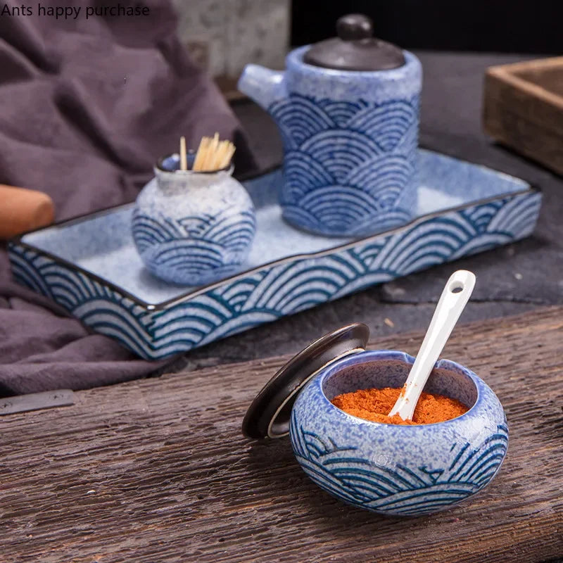 Axya Blue Fish Pattern Ceramic Spice Jar Set with Tray and Condiment Bottles