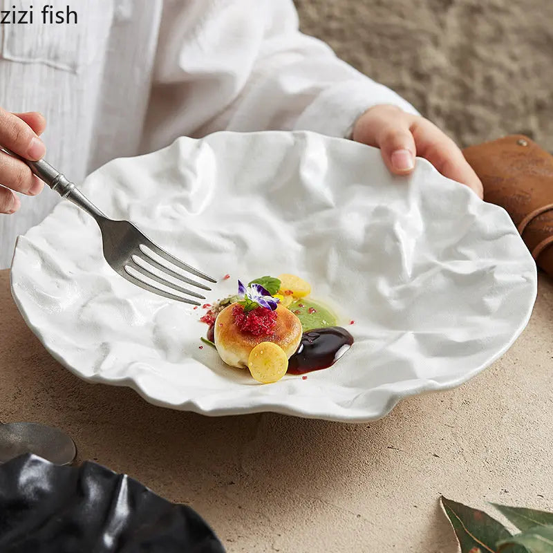 Axya Ceramic Dinner Plate Set for Home Kitchen & Restaurant - Wrinkled Texture, Steak, Salad & Snack Plates