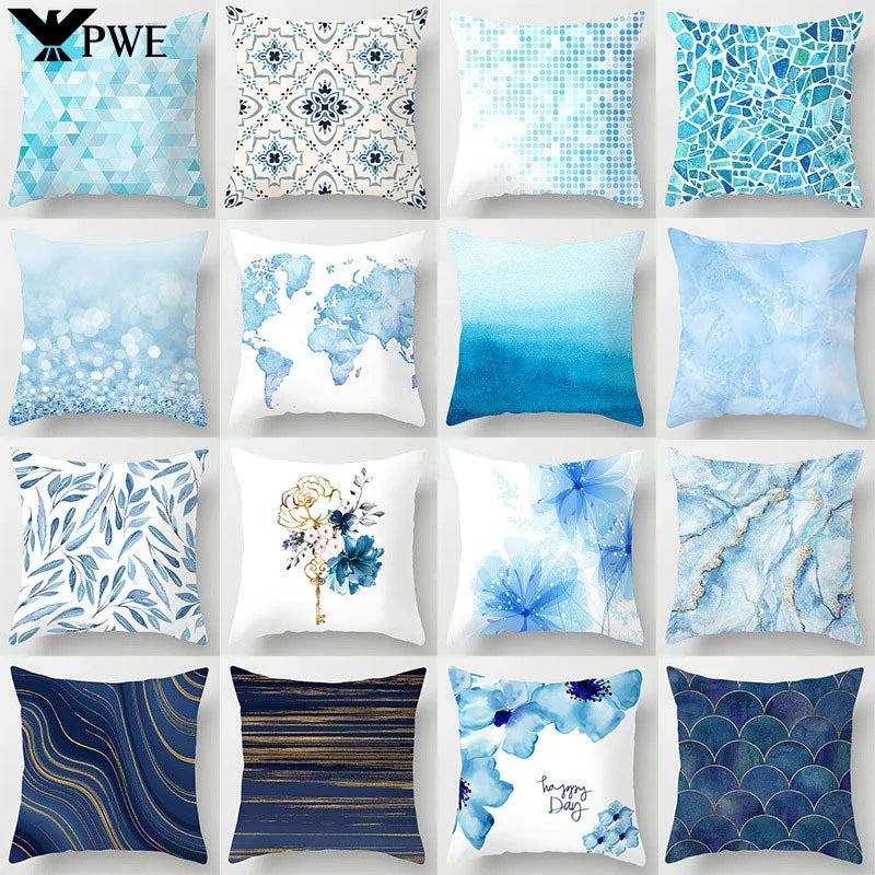 Axyaa Blue Geometric Marble Stripe Line Pillowcases - Set of 2