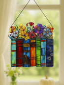 Colorful Flowers & Books Acrylic Suncatcher Window Decor by Axyaa